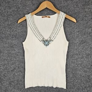 Bellini White Ribbed Sleeveless Tank with Embellished‎ V-Neck